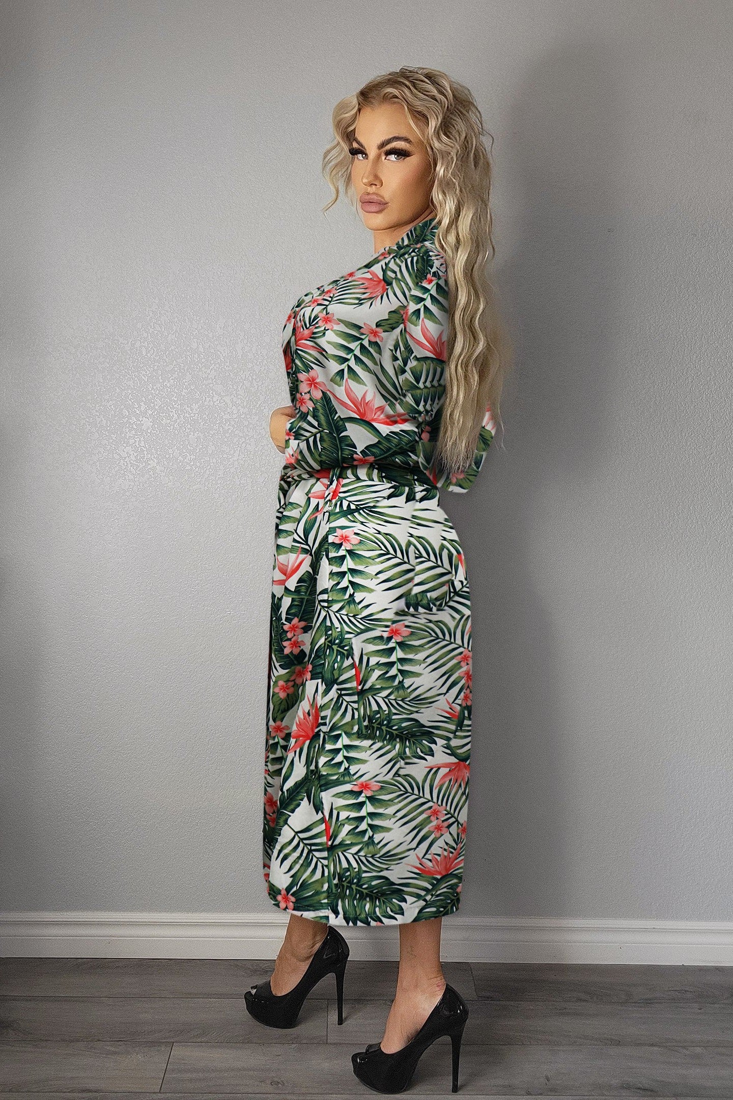 Ladies Sexy Cream Palm Floral Printed Long Robe / Cover up