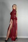 LadiesSexy Sheer Long Robe w/ Sleeve Lace & Side Slits Front Rhinestone Button