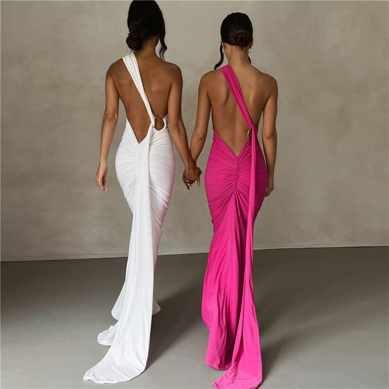 sexy backless maxi dress Aloruh Sexy Backless Dress With Spaghetti Straps, Ruched Plunge Neckline, For Modern Party Backless Sundress Black Backless Dress Bodycon Maxi Dress