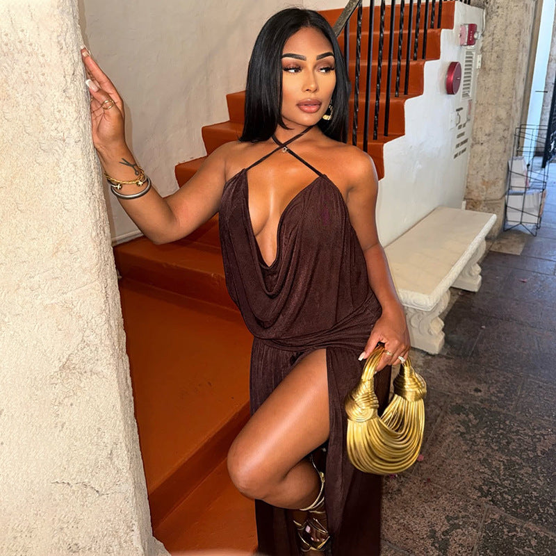 sexy brown dress Sexy Halter Brown Cowl Neck with High Slit Maxi Dress – Lovely Lies