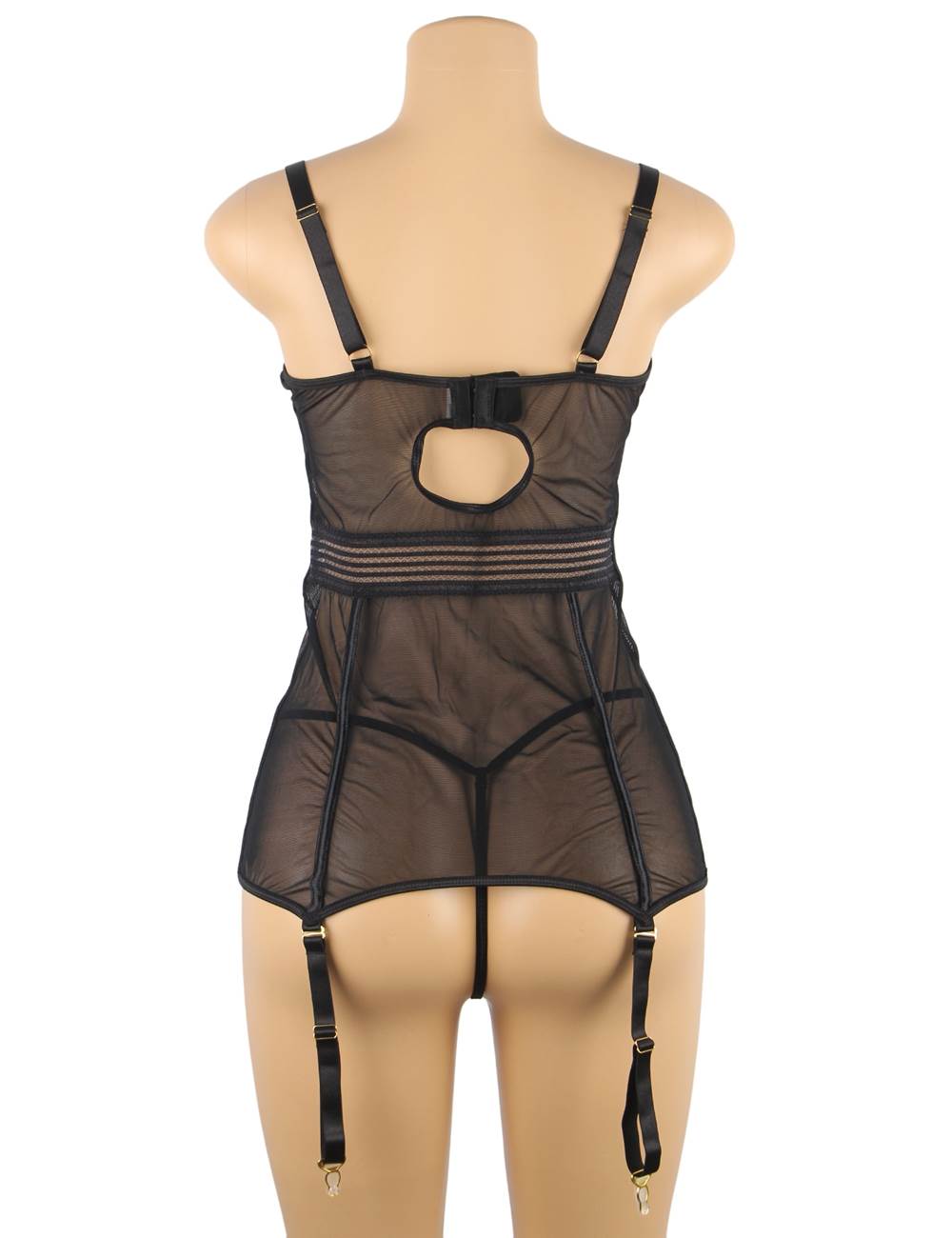 Ladies Black Mesh with Lace detail Babydoll with Garters