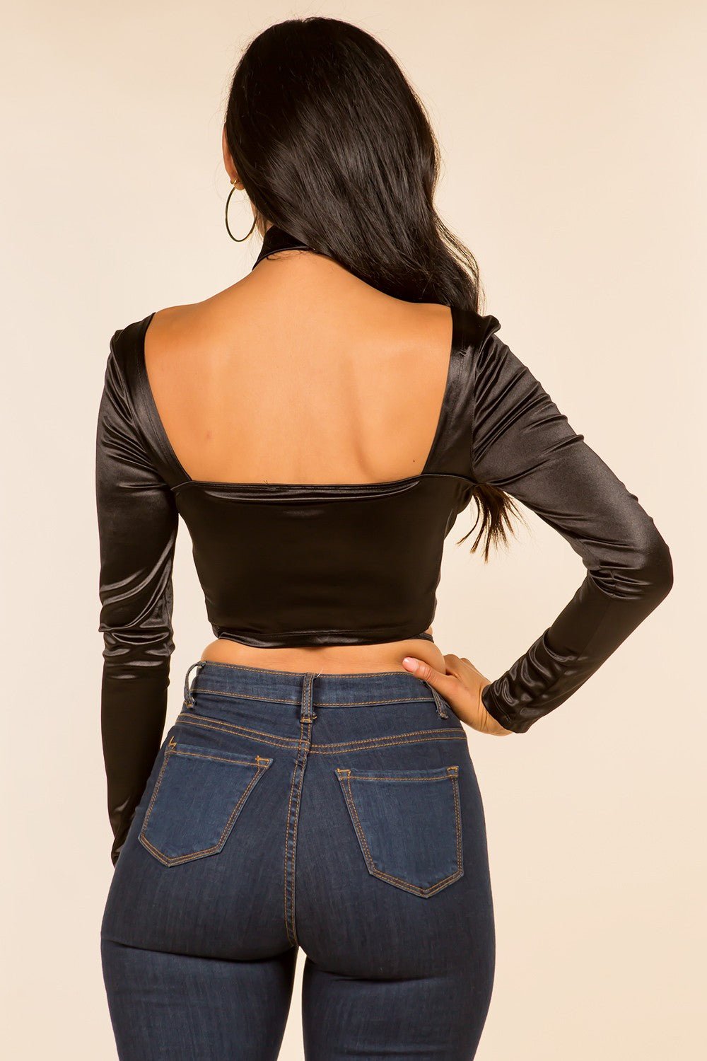 Long Sleeve Front Wrap and Cross Straps Crop Top
