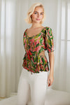LadiesGreen Peach Palm Printed Smocked Off the Shoulder Cap Sleeve Ruffle Top with Open Detail at Sides