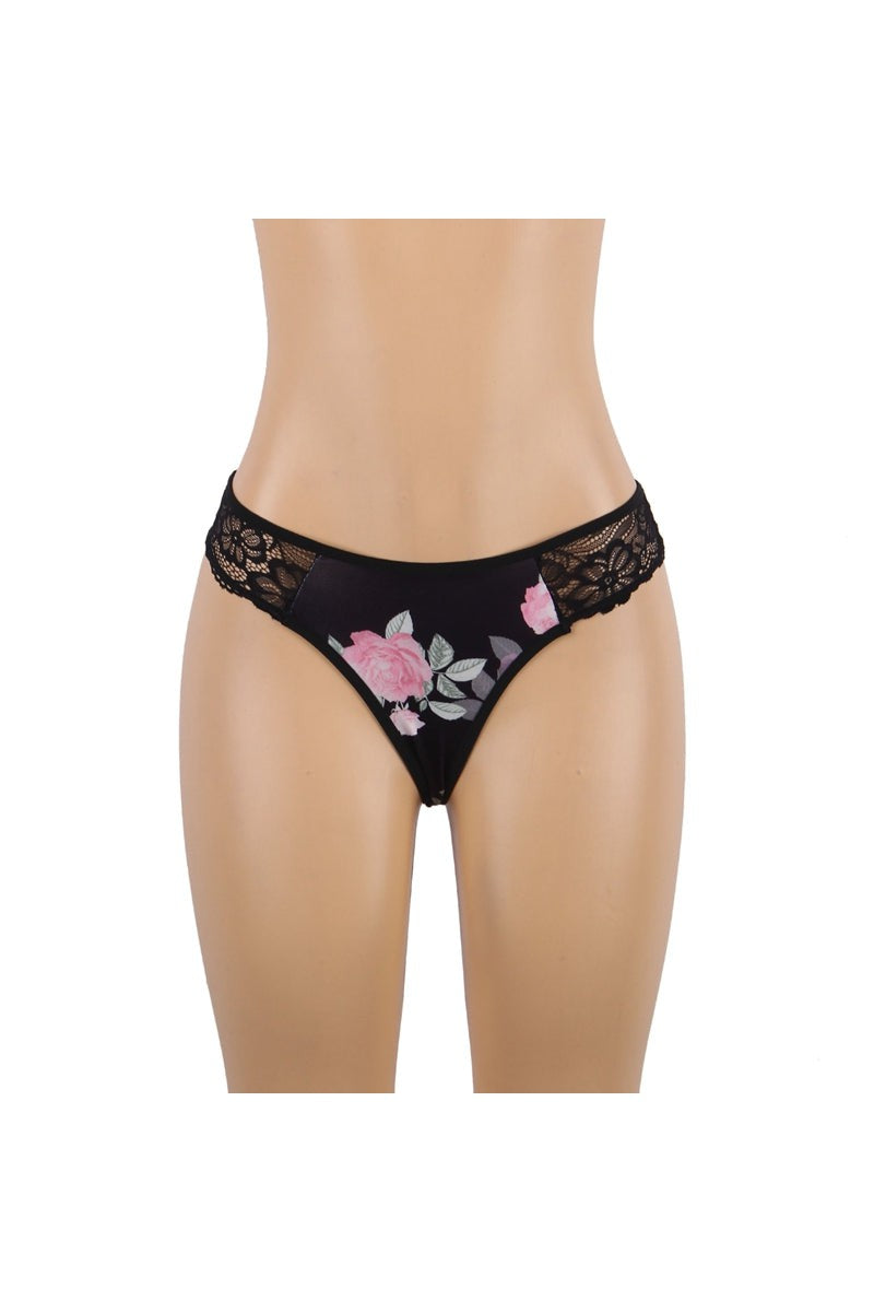 Camisola negra con estampado floral y ribete de encaje para mujer