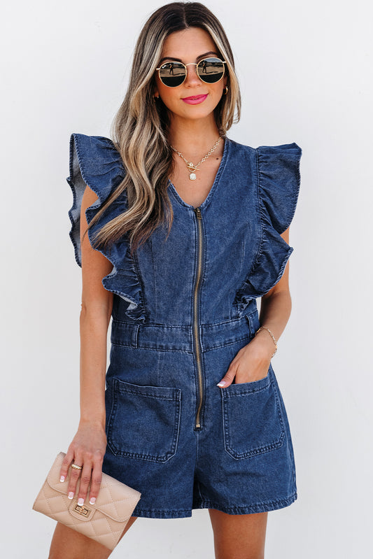 Denim Blue Ruffled Zipped Front Belted Romper