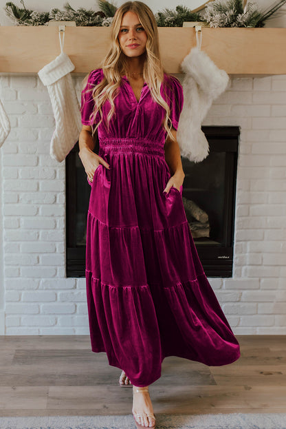 Magenta   Velvet Short Sleeve Shirred Waist Tiered Maxi Dress