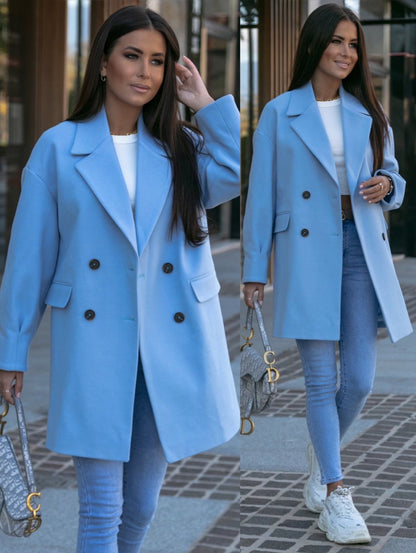 Cobalt Blue Long Sleeve Collar Double Breasted  Coat