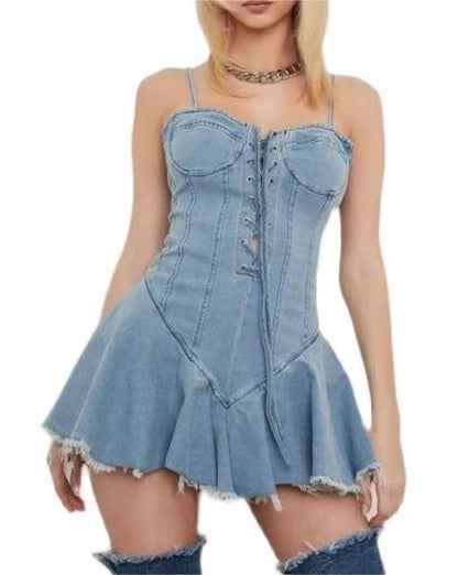 Sexy Denim Wrapped Chest Lace up Slimming Waist Crisscross