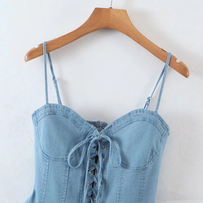 Sexy Denim Wrapped Chest Lace up Slimming Waist Crisscross