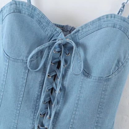 Sexy Denim Wrapped Chest Lace up Slimming Waist Crisscross