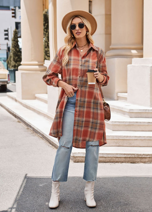 Plaid Shirt-like Loose Long Trench Cozy  Coat