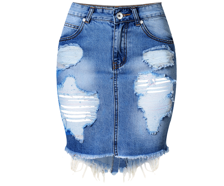 High Waist Slim Fit Ripped Denim Asymmetric Skirt