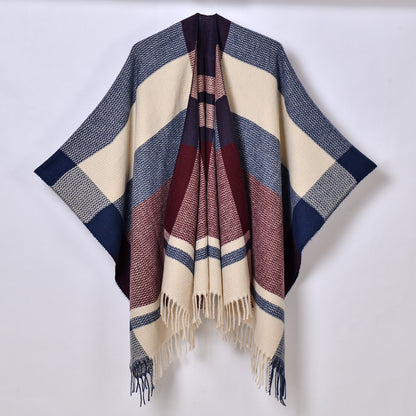 Tassel Split Shawl Autumn Winter Women's Simple Plaid Jacquard Scarf Cloak