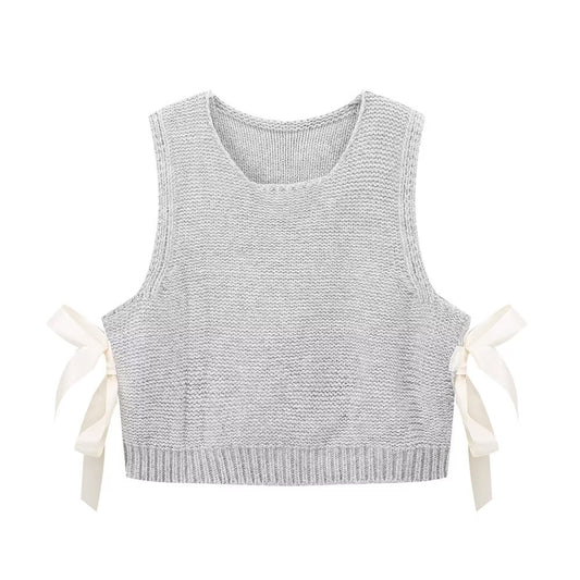 Fall Women Clothing Stylish Simple Side Bow Button Knitted Vest