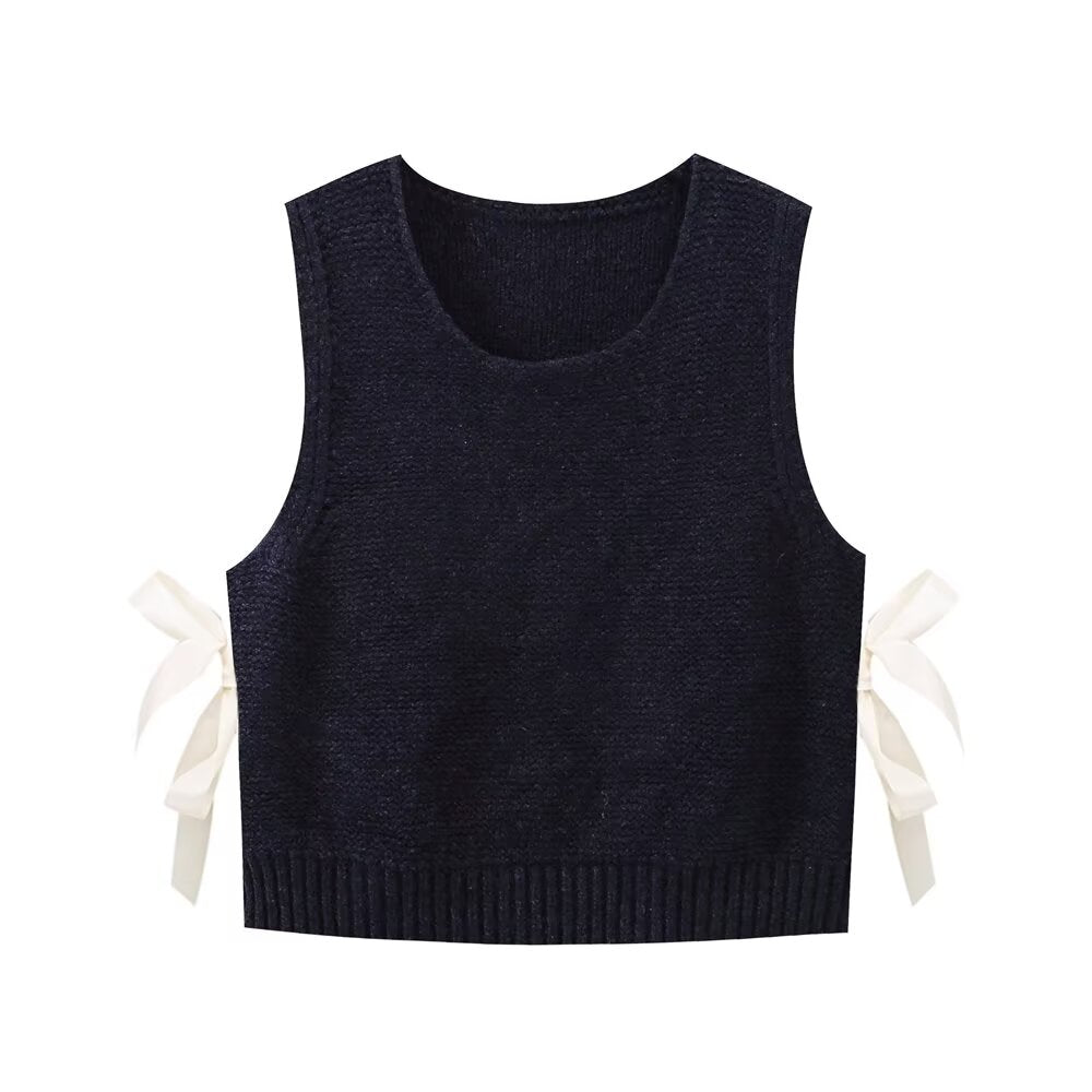 Fall Women Clothing Stylish Simple Side Bow Button Knitted Vest