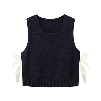 Fall Women Clothing Stylish Simple Side Bow Button Knitted Vest