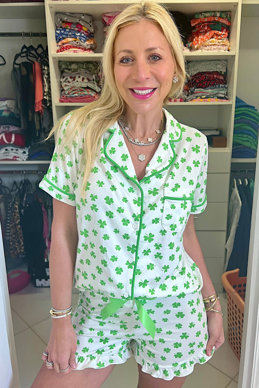 St. Patty's Green Clover Printed Short Sleeve and Ruffled Shorts Pajama Set