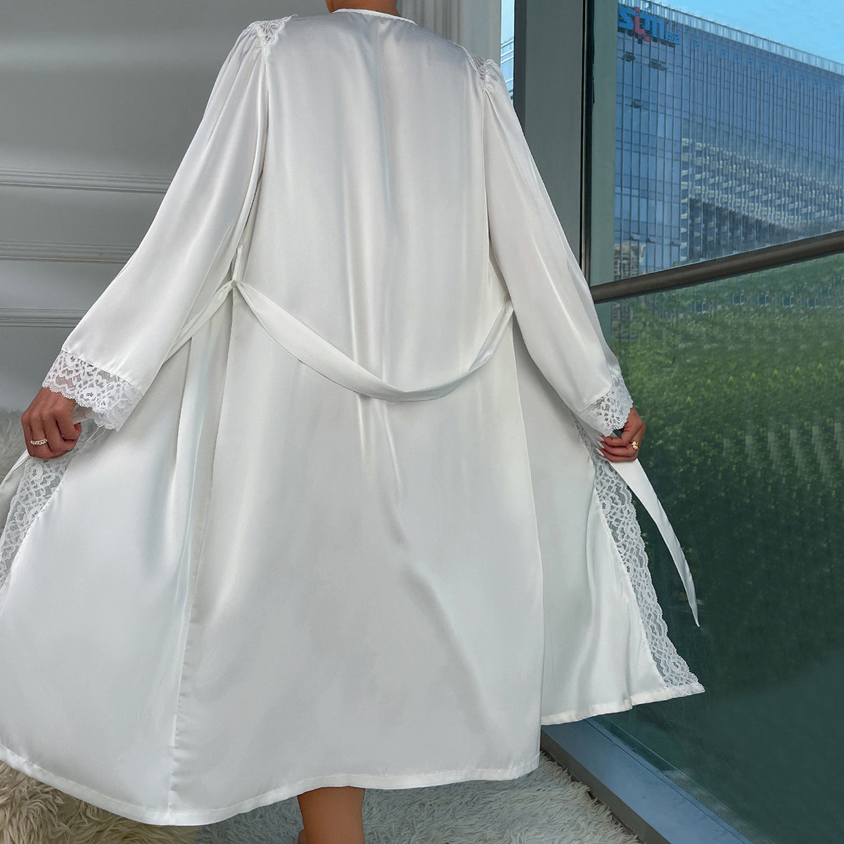 White Satin  Long Robe with Lace Trim Detail