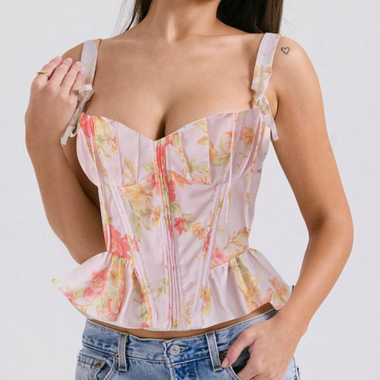 Autumn Winter Retro Begonia Printed Spicy Girl Keel Slim Fit Slimming Lace up Vest Top