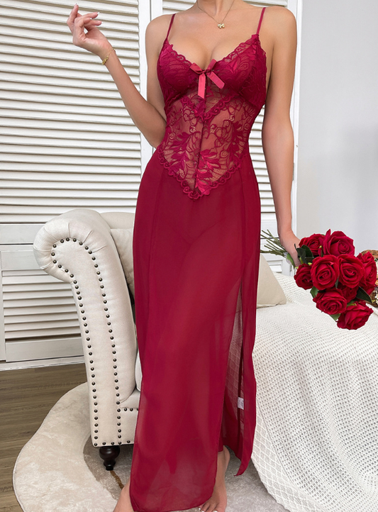 Sexy Chiffon Deep V Plunge Lace Pajamas Side Slit   Long