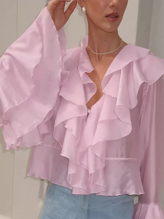 Pink Chiffon Layered V neck Tencel Cotton Multi Layer Ruffle Top