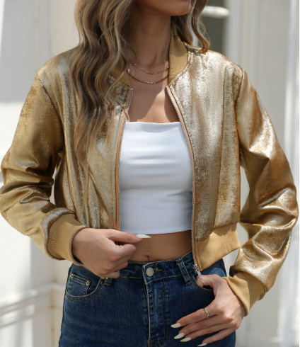 Gold Foil  Lame Vintage Bomber  Long Sleeve Zipper Jacket 70's vibe