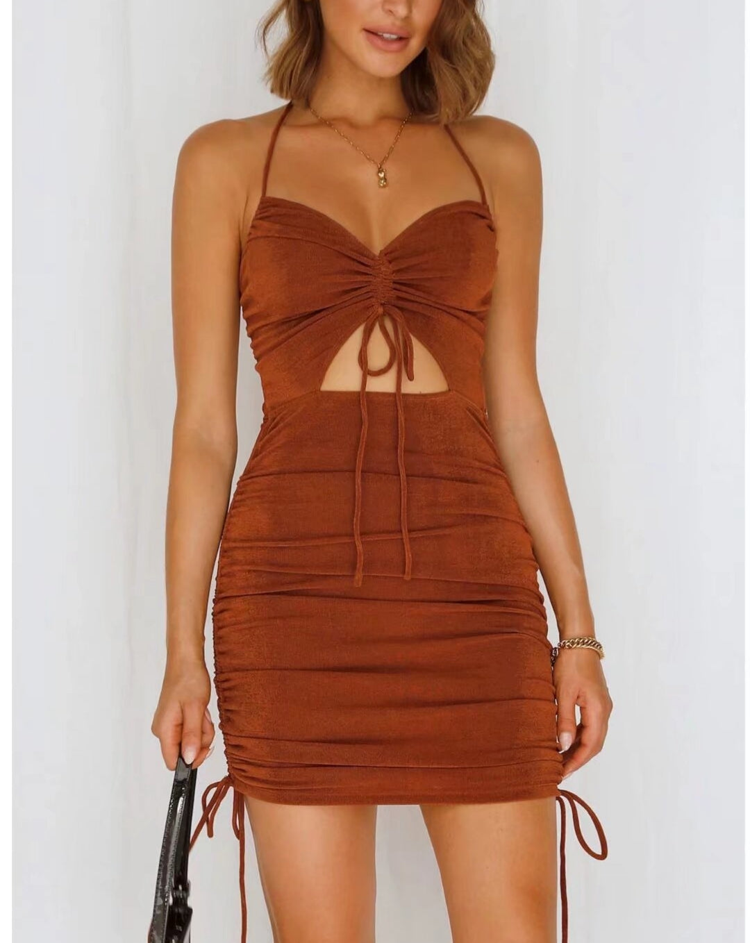 Sexy Mini Copper Shirred Cut Out  Drawstring Dress
