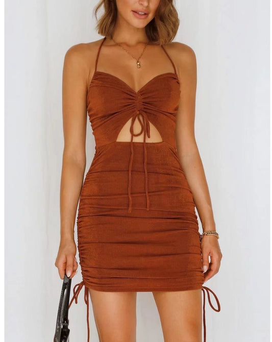 Sexy Mini Copper Shirred Cut Out  Drawstring Dress