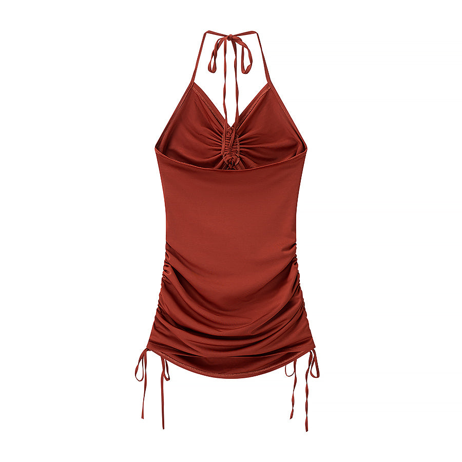 Sexy Mini Copper Shirred Cut Out  Drawstring Dress
