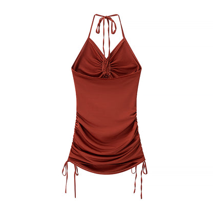 Sexy Mini Copper Shirred Cut Out  Drawstring Dress