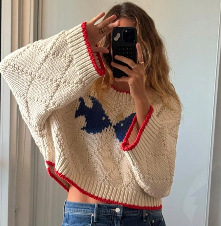 Retro Contrast Color Jacquard Design Knitted Loose Casual Sweater
