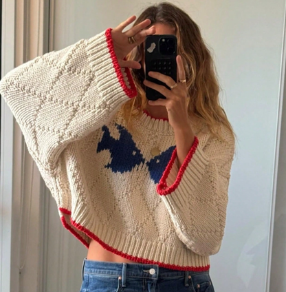 Retro Contrast Color Jacquard Design Knitted Loose Casual Sweater