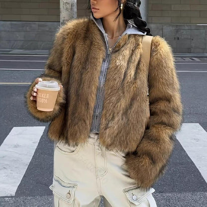 Brown Faux Fur Light Luxury  Coat