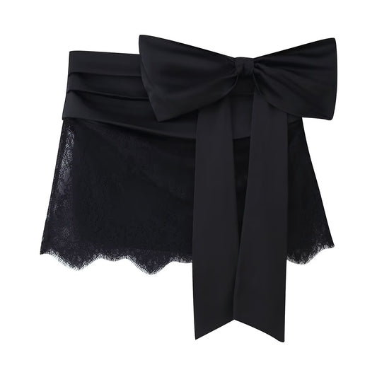 Black Sexy Patchwork Eyelash Lace  Bow Mini Skirt