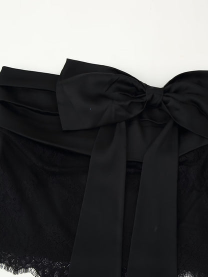 Black Sexy Patchwork Eyelash Lace  Bow Mini Skirt
