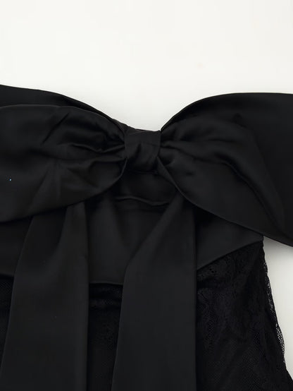 Black Sexy Patchwork Eyelash Lace  Bow Mini Skirt