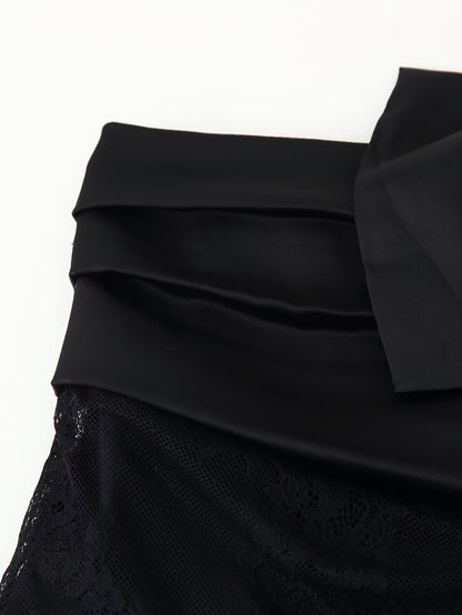 Black Sexy Patchwork Eyelash Lace  Bow Mini Skirt