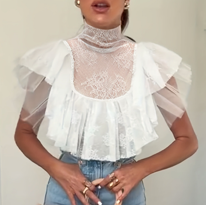 White Lace Cropped Mock Neck Ruffle Top