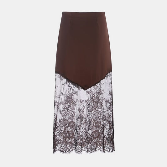 Ladies Sexy Satin Like Midi Skirt with Lace Peek a boo trim in Blk or Coffee Colorway