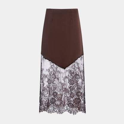 Ladies Sexy Satin Like Midi Skirt with Lace Peek a boo trim in Blk or Coffee Colorway