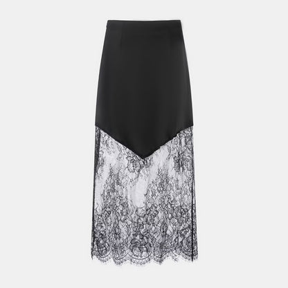 Ladies Sexy Satin Like Midi Skirt with Lace Peek a boo trim in Blk or Coffee Colorway
