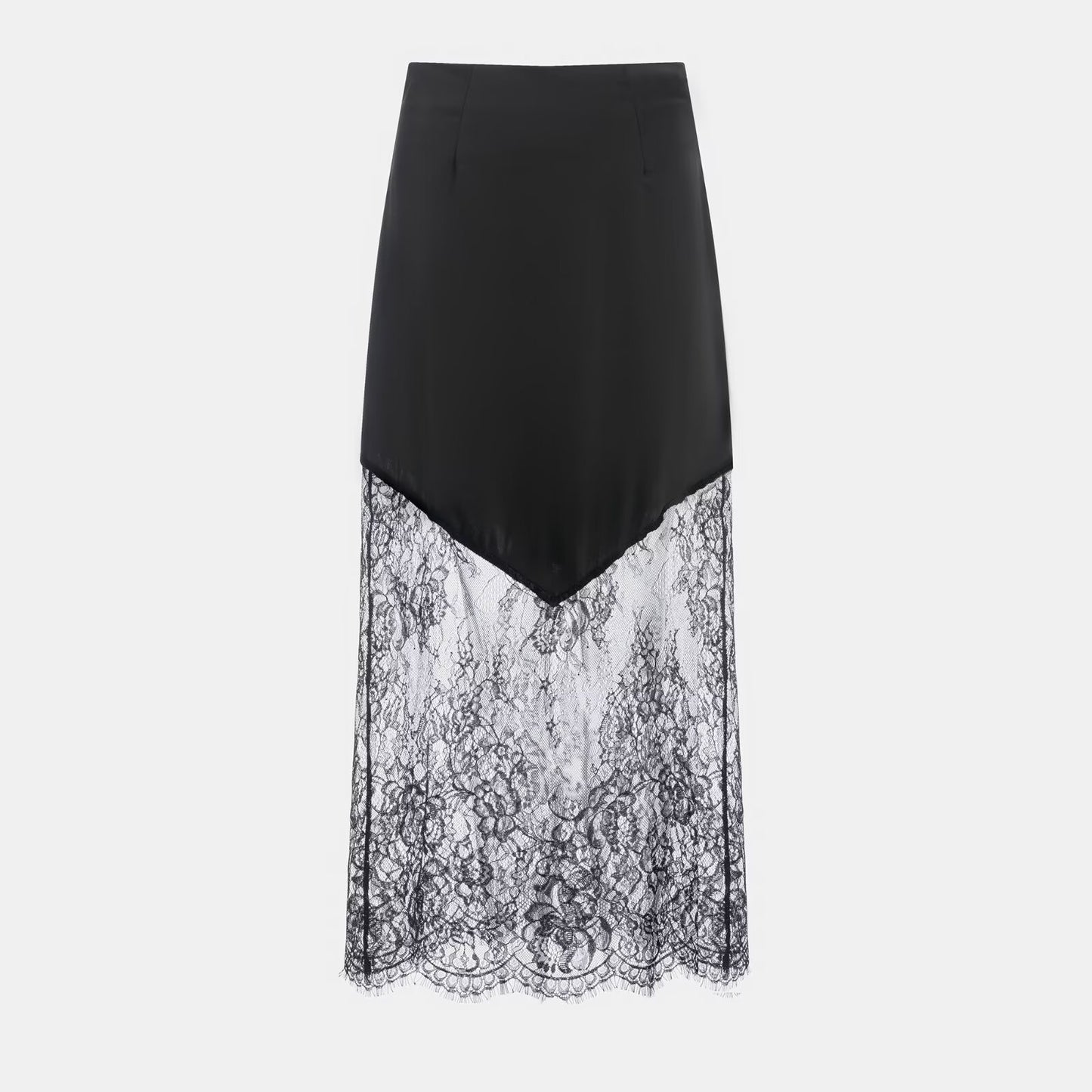 Ladies Sexy Satin Like Midi Skirt with Lace Peek a boo trim in Blk or Coffee Colorway