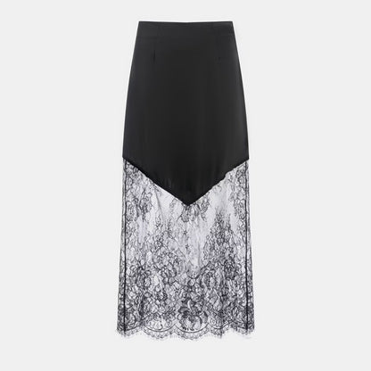 Ladies Sexy Satin Like Midi Skirt with Lace Peek a boo trim in Blk or Coffee Colorway