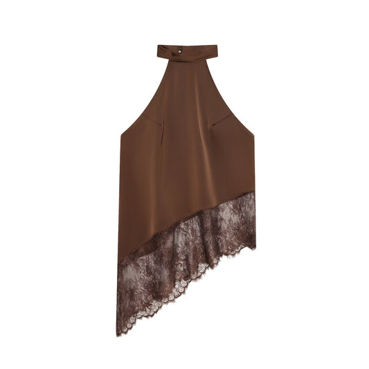 Sexy Satin-Like  Sleeveless Top with  Asymmetrical Lace Trim