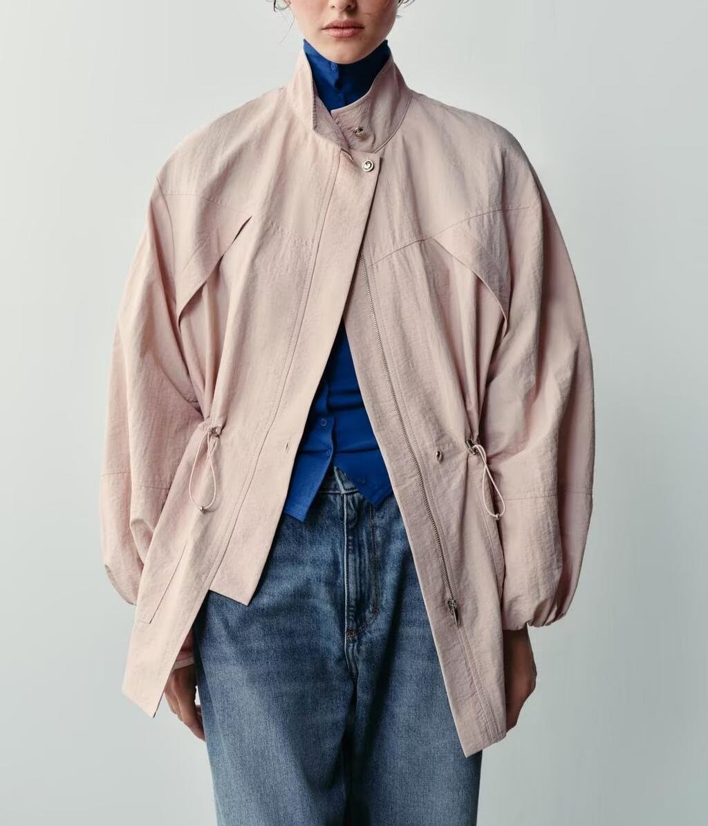 Women's Beige Stand up Collar Jacket with Drawsting at Waist