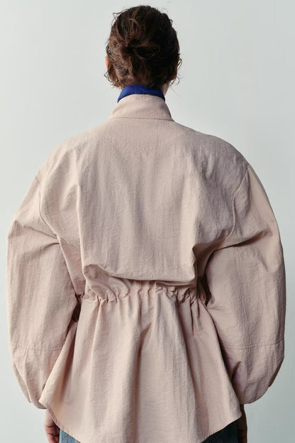 Women's Beige Stand up Collar Jacket with Drawsting at Waist
