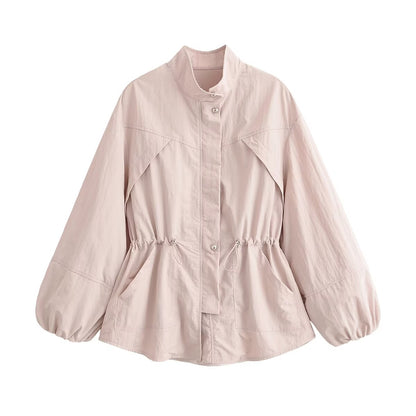 Women's Beige Stand up Collar Jacket with Drawsting at Waist