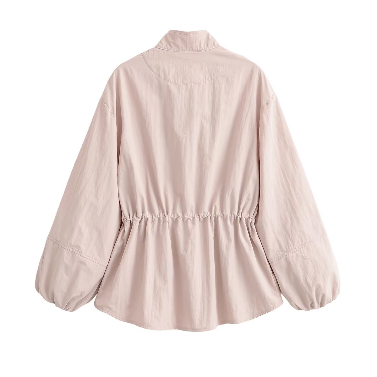 Women's Beige Stand up Collar Jacket with Drawsting at Waist