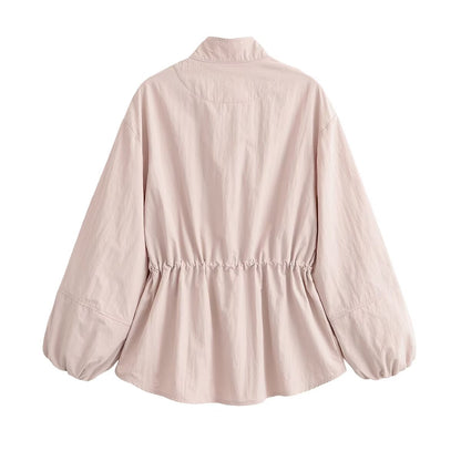 Women's Beige Stand up Collar Jacket with Drawsting at Waist