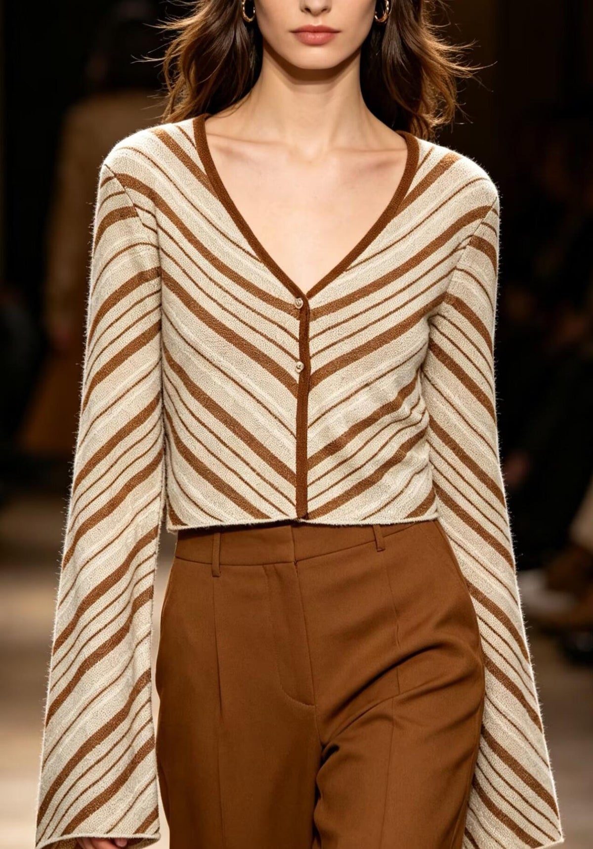 Cinnamin Colored Veritcal Striped Knitted Cardigan Top
